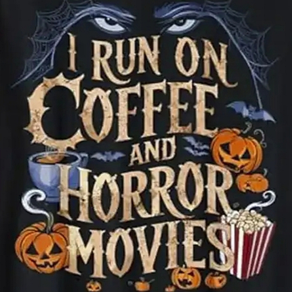 🆕️MENS XXL "I RUN ON COFFEE & HORROR MOVIES" GRAPHIC TSHIRT - Picture 7 of 13